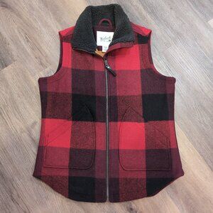 Woolrich Women's Wool Vest Size M Lined Giant Buffalo Check Plaid Zip Red Black